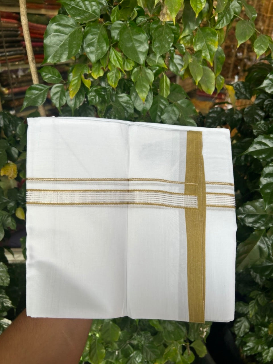 20% Discount ! Kaitharikada Balaramapuram 100% Cotton Pure White Double Mundu/Dothi - 100x80 - 0.75 inch Mustard Yellow & Silver Kasav Striped Kara 3.90 mtr (8 muzham) - 21 KK5285 VAS
