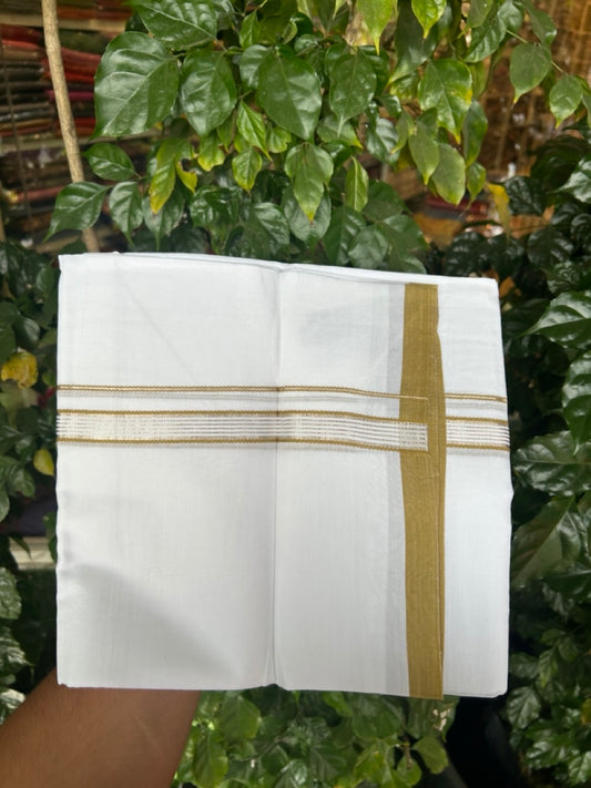 20% Discount ! Kaitharikada Balaramapuram 100% Cotton Pure White Double Mundu/Dothi - 100x80 - 0.75 inch Mustard Yellow & Silver Kasav Striped Kara 3.90 mtr (8 muzham) - 21 KK5285 VAS