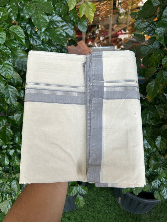 20% Discount !! KaithariKada Balaramapuram 100% Cotton Double Off White - (Unbleached) Mundu/Dhoti- 100X100 - 1.25 inch Ash Grey Striped Kara (4.60 meter / 9.86 muzham) - 12 KK5373 ASH