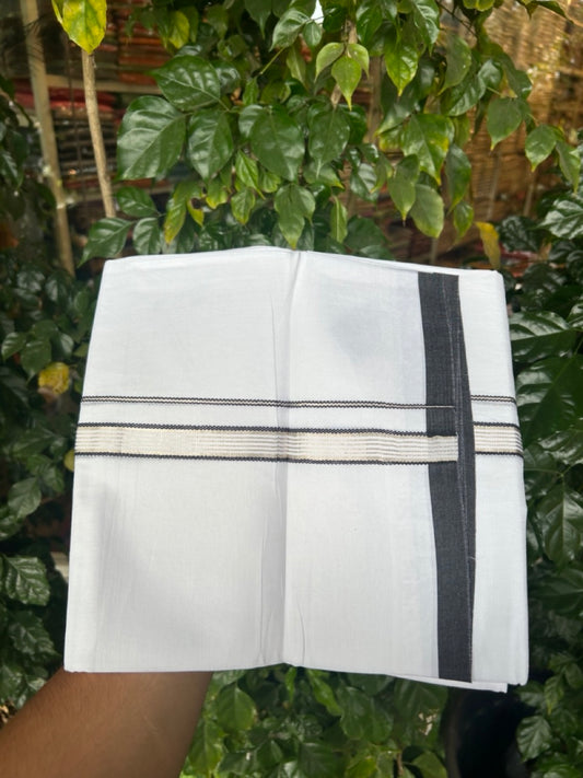 20% Discount ! Kaitharikada Balaramapuram 100% Cotton Pure White Double Mundu/Dothi - 100x80 - 0.75 inch Black & Silver Kasav Striped Kara 3.90 mtr (8 muzham) - 23 KK5285 VAS