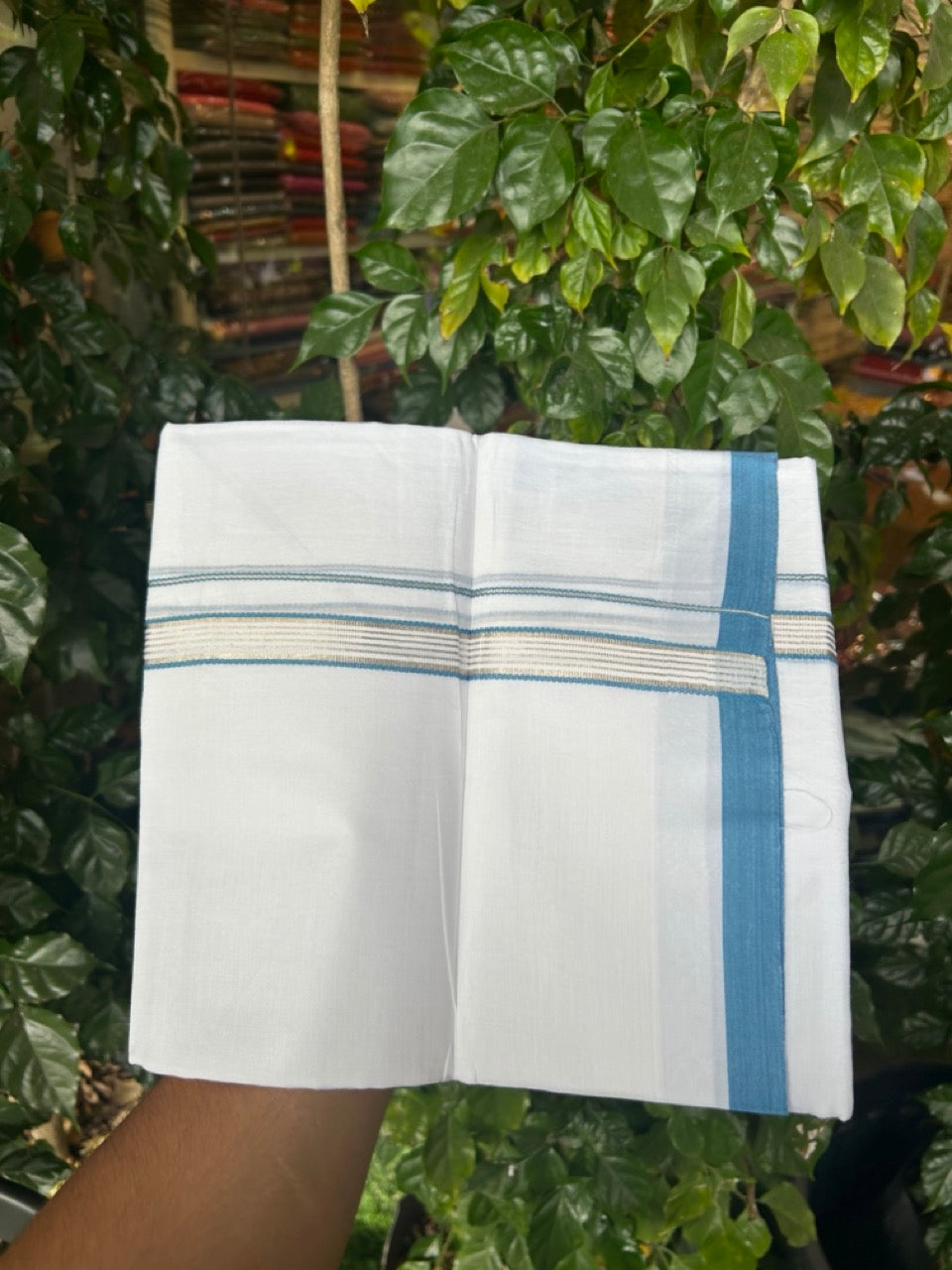 20% Discount ! Kaitharikada Balaramapuram 100% Cotton Pure White Double Mundu/Dothi - 100x80 - 0.75 inch Blue & Silver Kasav Striped Kara 3.90 mtr (8 muzham) - 22 KK5285 VAS