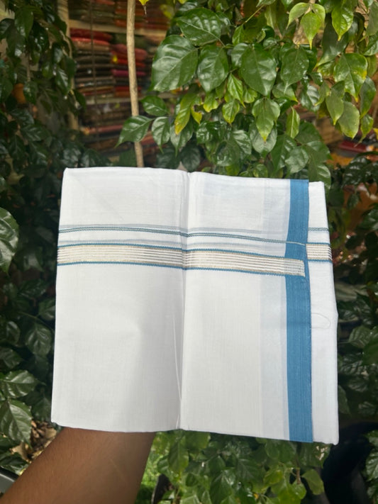 20% Discount ! Kaitharikada Balaramapuram 100% Cotton Pure White Double Mundu/Dothi - 100x80 - 0.75 inch Blue & Silver Kasav Striped Kara 3.90 mtr (8 muzham) - 22 KK5285 VAS