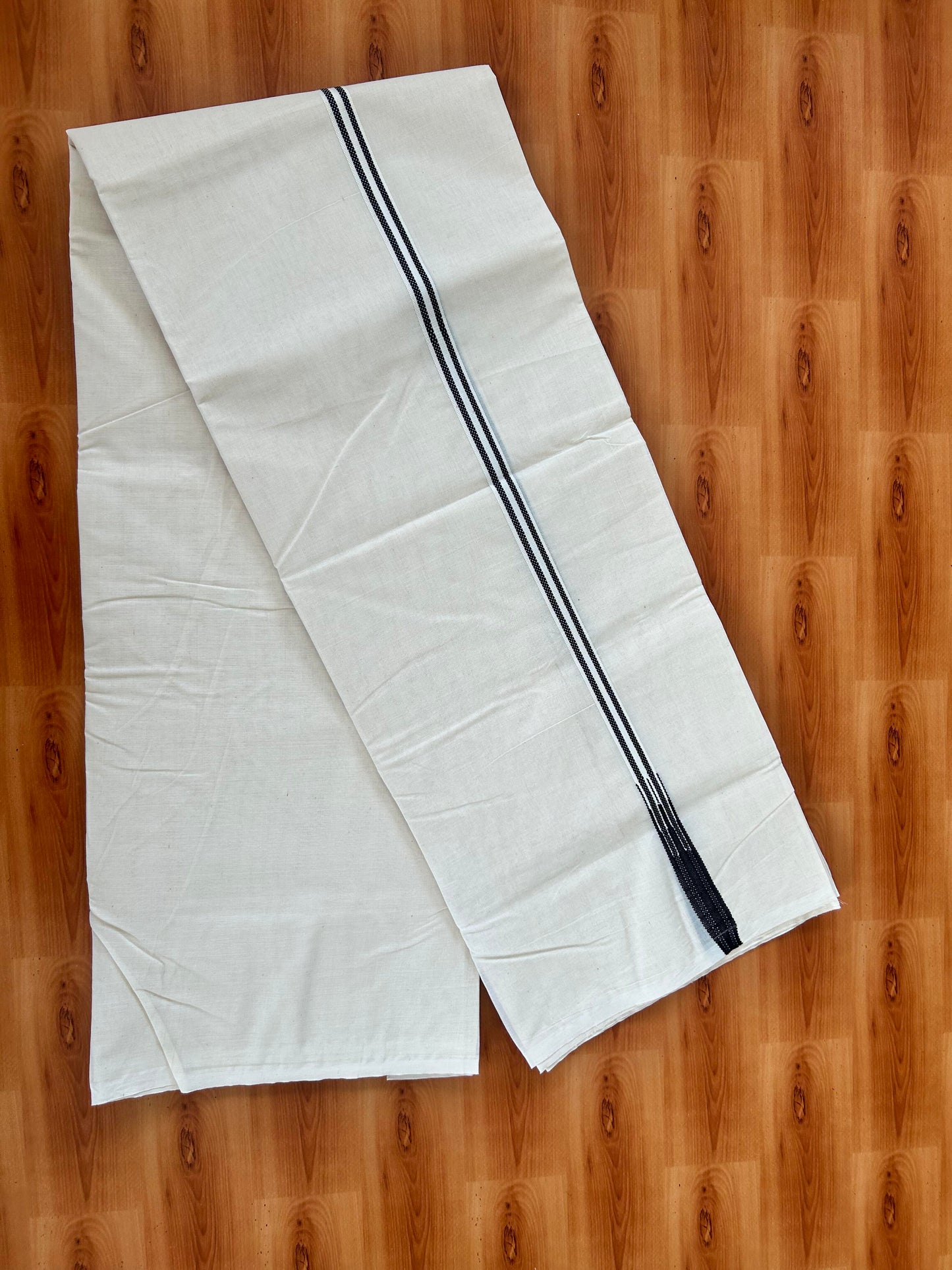 Double Off white Mundu/Dhoti - 20% Discount! KaithariKada Balaramapuram - 100% Cotton 100x100 - 0.5 inch Black Striped Chutty Kara 4 mtr (8.5 muzham) - 4 KK5423 ASH