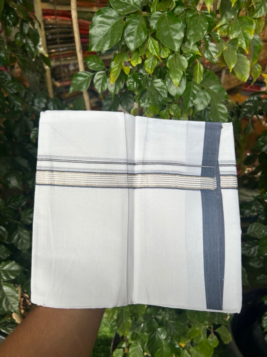 20% Discount ! Kaitharikada Balaramapuram 100% Cotton Pure White Double Mundu/Dothi - 100x80 - 0.75 inch Dark Grey Blue & Silver Kasav Striped Kara 3.90 mtr (8 muzham) - 20 KK5285 VAS