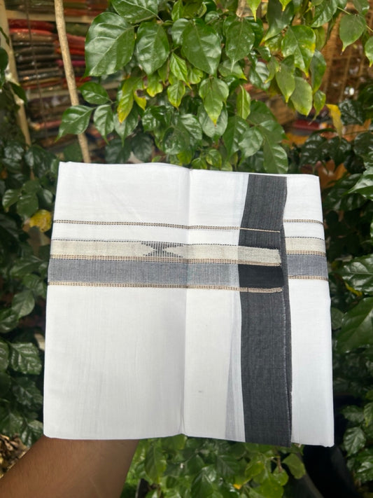 20% Discount ! Kaitharikada Balaramapuram 100% Cotton Pure White Double Mundu/Dothi - 100x80 - 1.5 inch Black & Silver Kasav Design Kara 3.90 mtr (8 muzham) - 36 KK5285 VAS