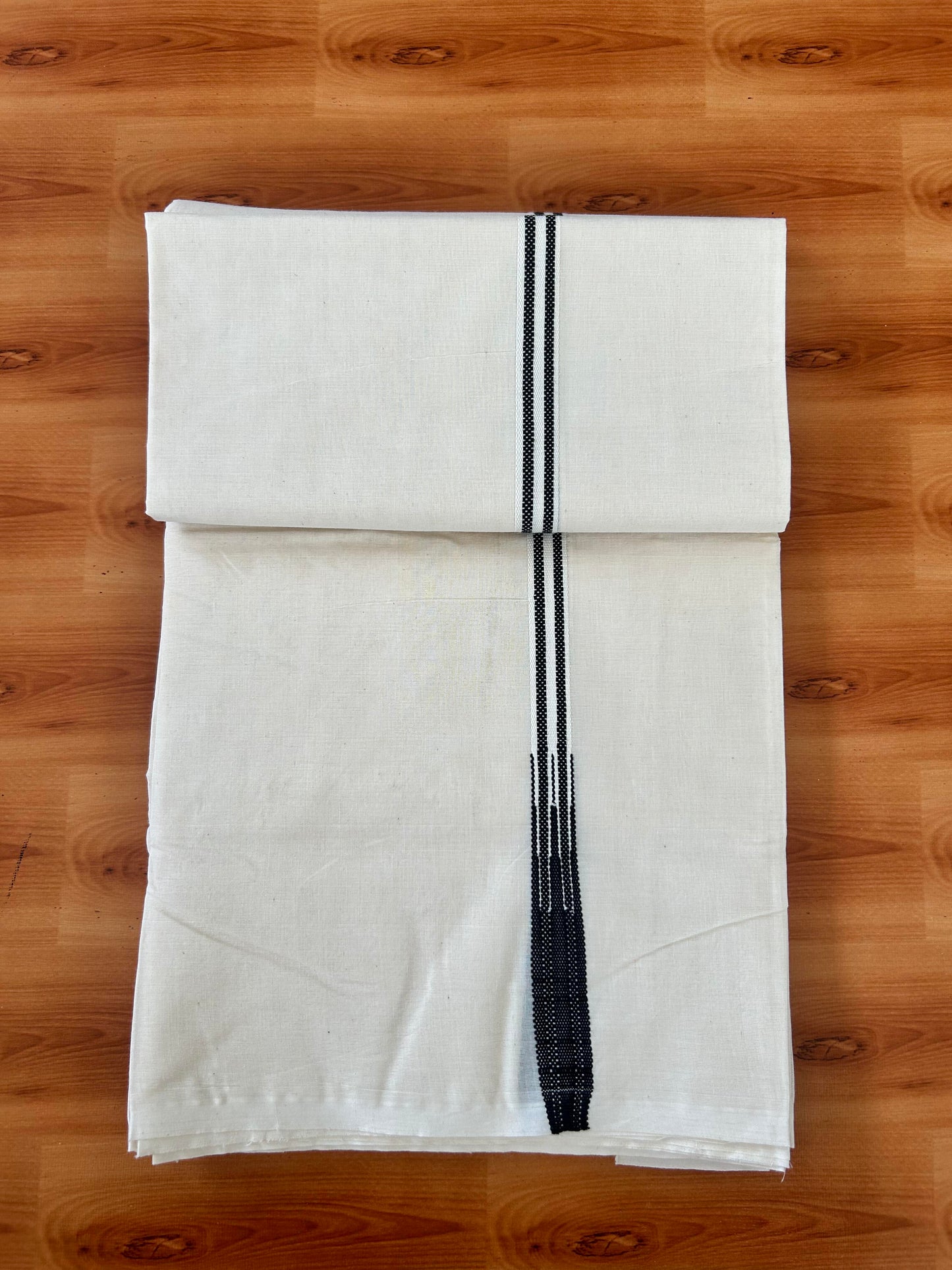 Double Off white Mundu/Dhoti - 20% Discount! KaithariKada Balaramapuram - 100% Cotton 100x100 - 0.5 inch Black Striped Chutty Kara 4 mtr (8.5 muzham) - 4 KK5423 ASH