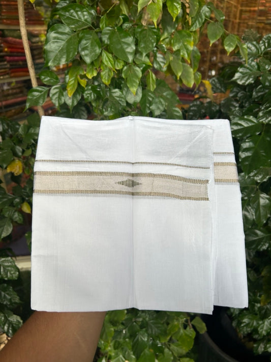 20% Discount ! Kaitharikada Balaramapuram 100% Cotton Pure White Double Mundu/Dothi - 100x80 - 1 inch Olive Green & Silver Kasav Design Kara 3.90 mtr (8 muzham) - 35 KK5285 VAS