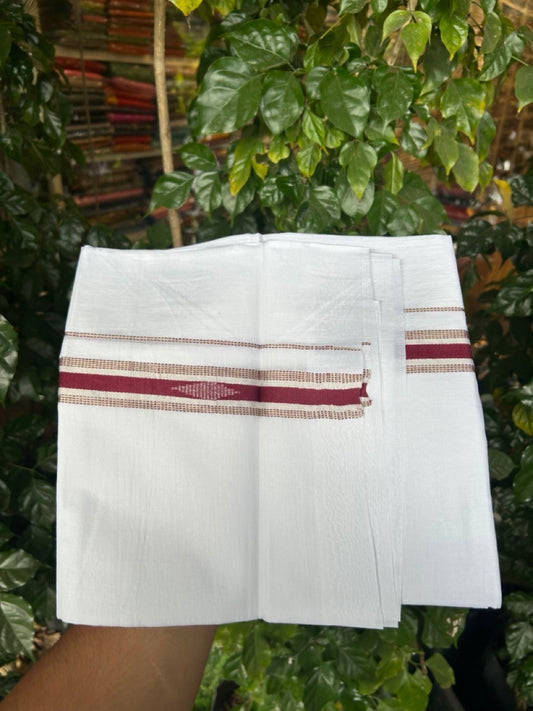 20% Discount ! Kaitharikada Balaramapuram 100% Cotton Pure White Double Mundu/Dothi - 100x80 - 1 inch Maroon & Silver Kasav Design Kara 3.90 mtr (8 muzham) - 29 KK5285 VAS