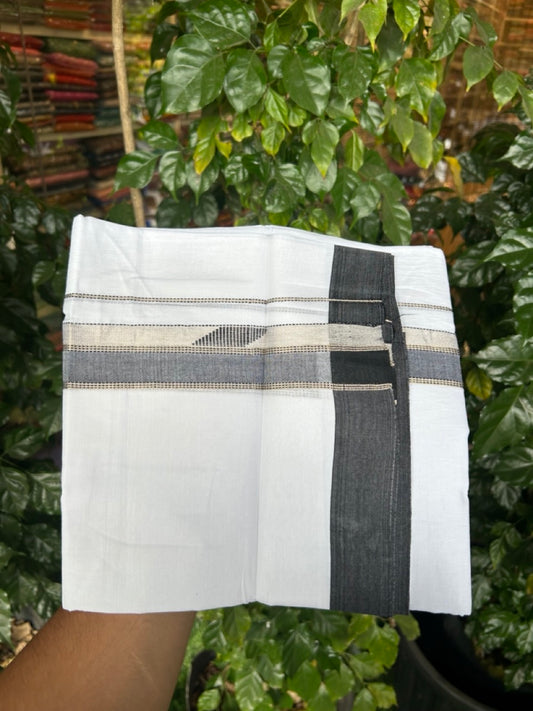 20% Discount ! Kaitharikada Balaramapuram 100% Cotton Pure White Double Mundu/Dothi - 100x80 - 1.5 inch Black & Silver Kasav Design Kara 3.90 mtr (8 muzham) - 33 KK5285 VAS
