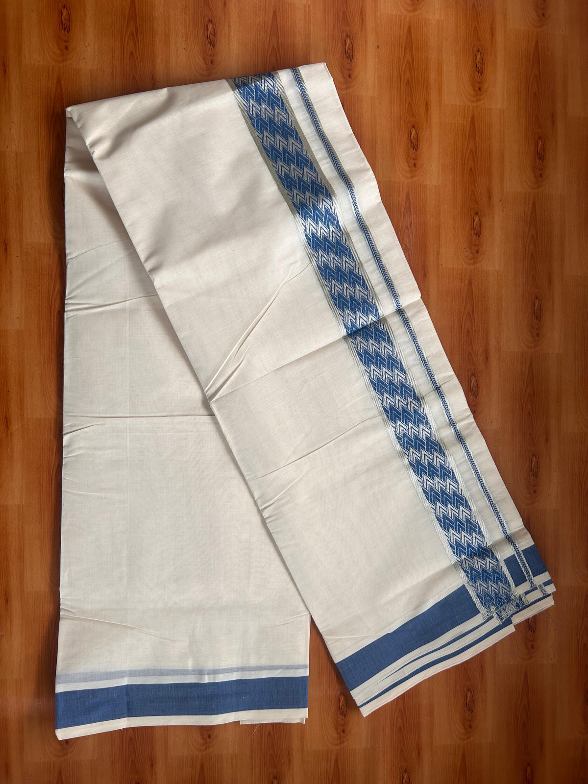 Double Off White (Unbleached) Mundu/Dhoti - 20% Discount! Kaitharikada Pure Cotton - 100x80 - 2 Inch Silver Kasav & Blue Jacquard Design Kara 4 mtr (8.5 muzham) -  1 KK5541 PMC
