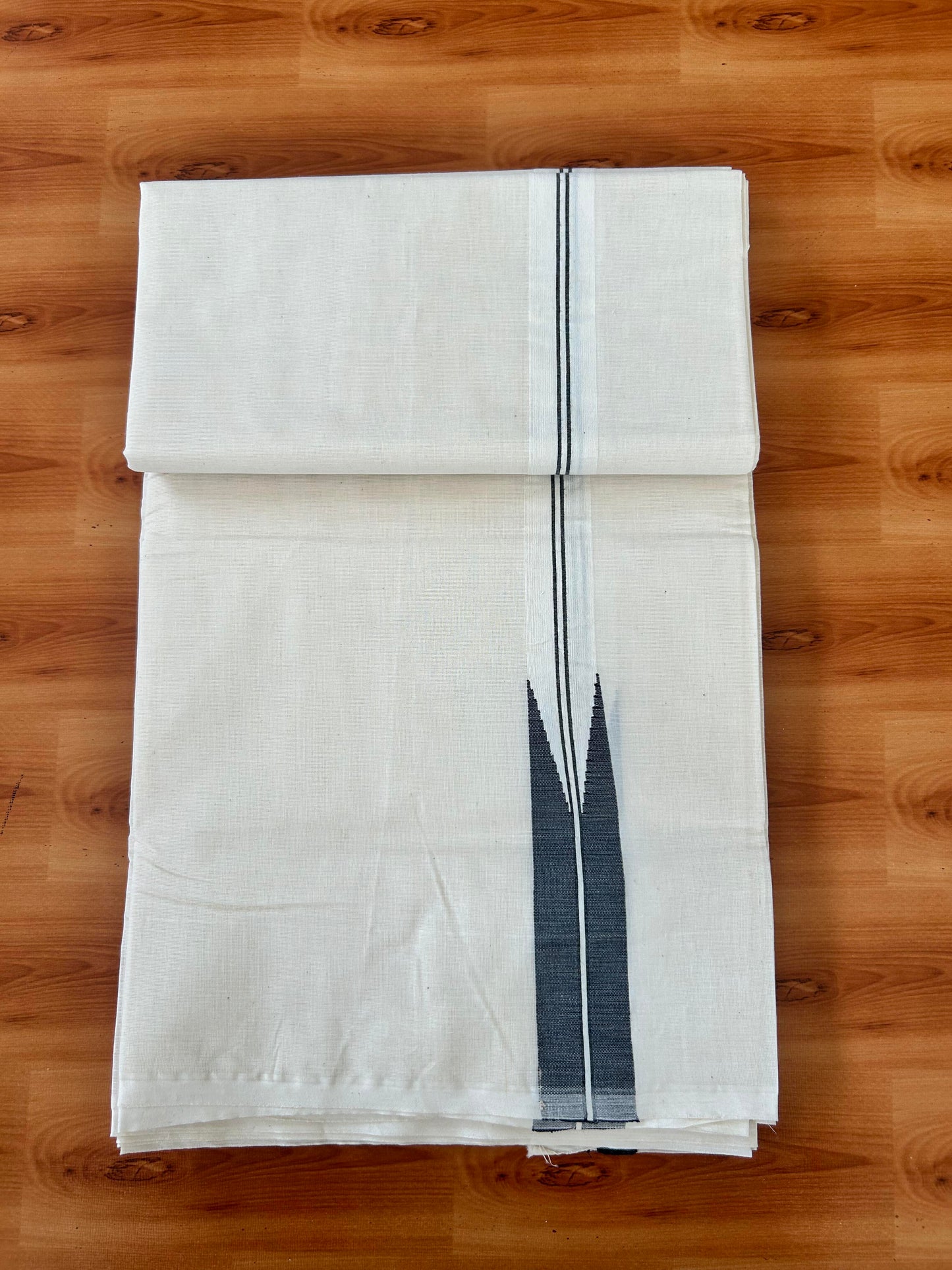 Double Off white Mundu/Dhoti - 20% Discount! KaithariKada Balaramapuram - 100% Cotton 100x100 - 1 inch Black Shaded Chutty Kara 4 mtr (8.5 muzham) - 3 KK5423 ASH