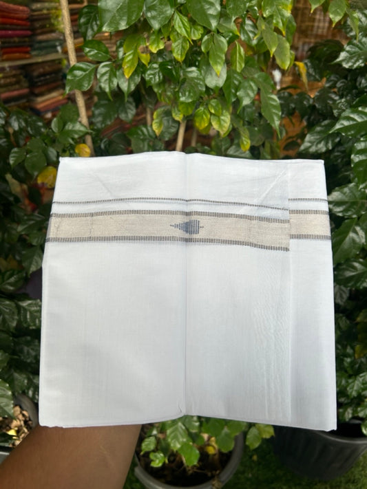 20% Discount ! Kaitharikada Balaramapuram 100% Cotton Pure White Double Mundu/Dothi - 100x80 - 1 inch Ash Blue & Silver Kasav Design Kara 3.90 mtr (8 muzham) - 30 KK5285 VAS