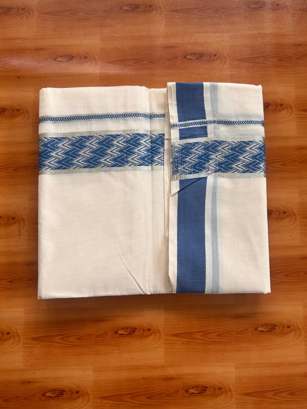 Double Off White (Unbleached) Mundu/Dhoti - 20% Discount! Kaitharikada Pure Cotton - 100x80 - 2 Inch Silver Kasav & Blue Jacquard Design Kara 4 mtr (8.5 muzham) -  1 KK5541 PMC