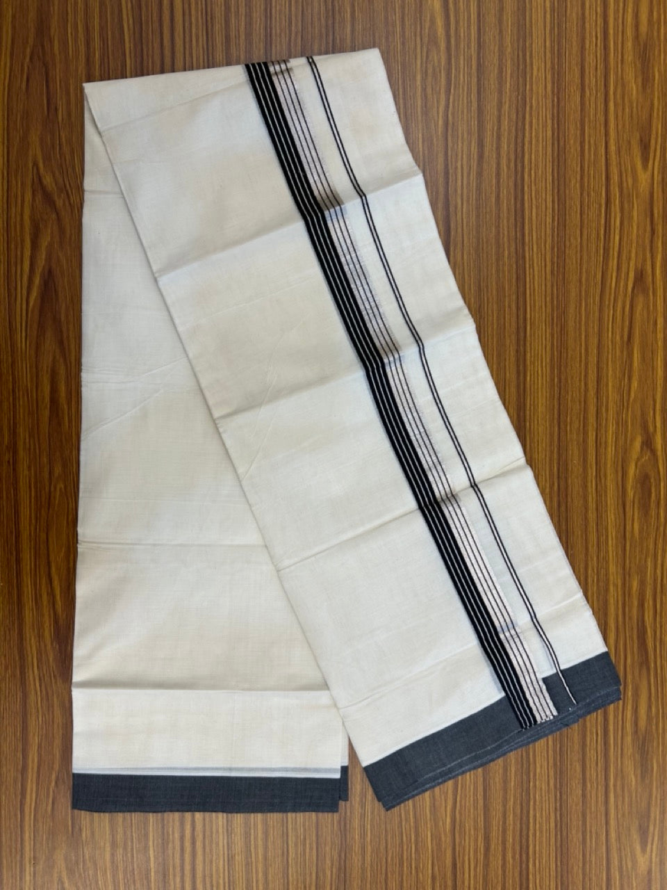 20% Discount! KaithariKada Balaramapuram 100% Cotton Off white Double Mundu/Dhoti - (100x80)S - 1.5 inch Black & Silver Kasav Striped Kara - 4mtr (8.5muzham) - 77 KK5255 VAS