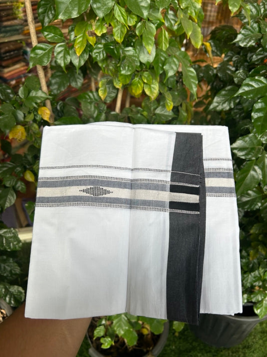 20% Discount ! Kaitharikada Balaramapuram 100% Cotton Pure White Double Mundu/Dothi - 100x80 - 1.5 inch Black & Silver Kasav Design Kara 3.90 mtr (8 muzham) - 34 KK5285 VAS
