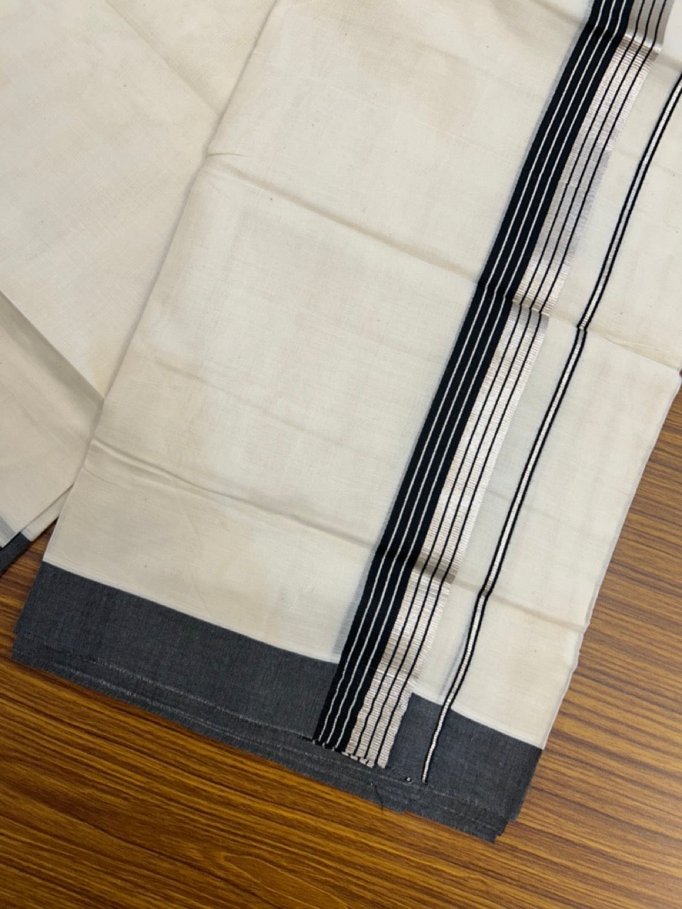 20% Discount! KaithariKada Balaramapuram 100% Cotton Off white Double Mundu/Dhoti - (100x80)S - 1.5 inch Black & Silver Kasav Striped Kara - 4mtr (8.5muzham) - 77 KK5255 VAS