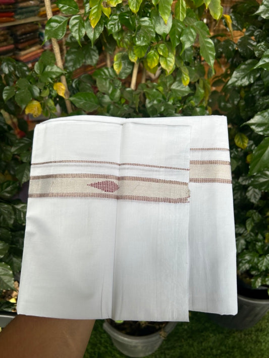 20% Discount ! Kaitharikada Balaramapuram 100% Cotton Pure White Double Mundu/Dothi - 100x80 - 1 inch Maroon & Silver Kasav Design Kara 3.90 mtr (8 muzham) - 31 KK5285 VAS