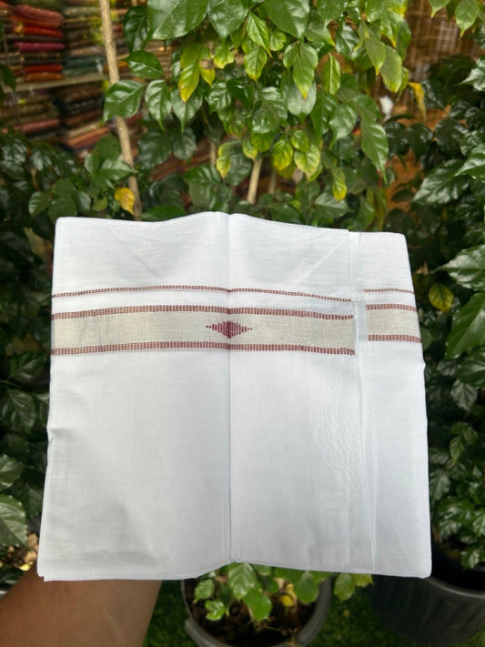20% Discount ! Kaitharikada Balaramapuram 100% Cotton Pure White Double Mundu/Dothi - 100x80 - 1 inch Maroon & Silver Kasav Design Kara 3.90 mtr (8 muzham) - 32 KK5285 VAS