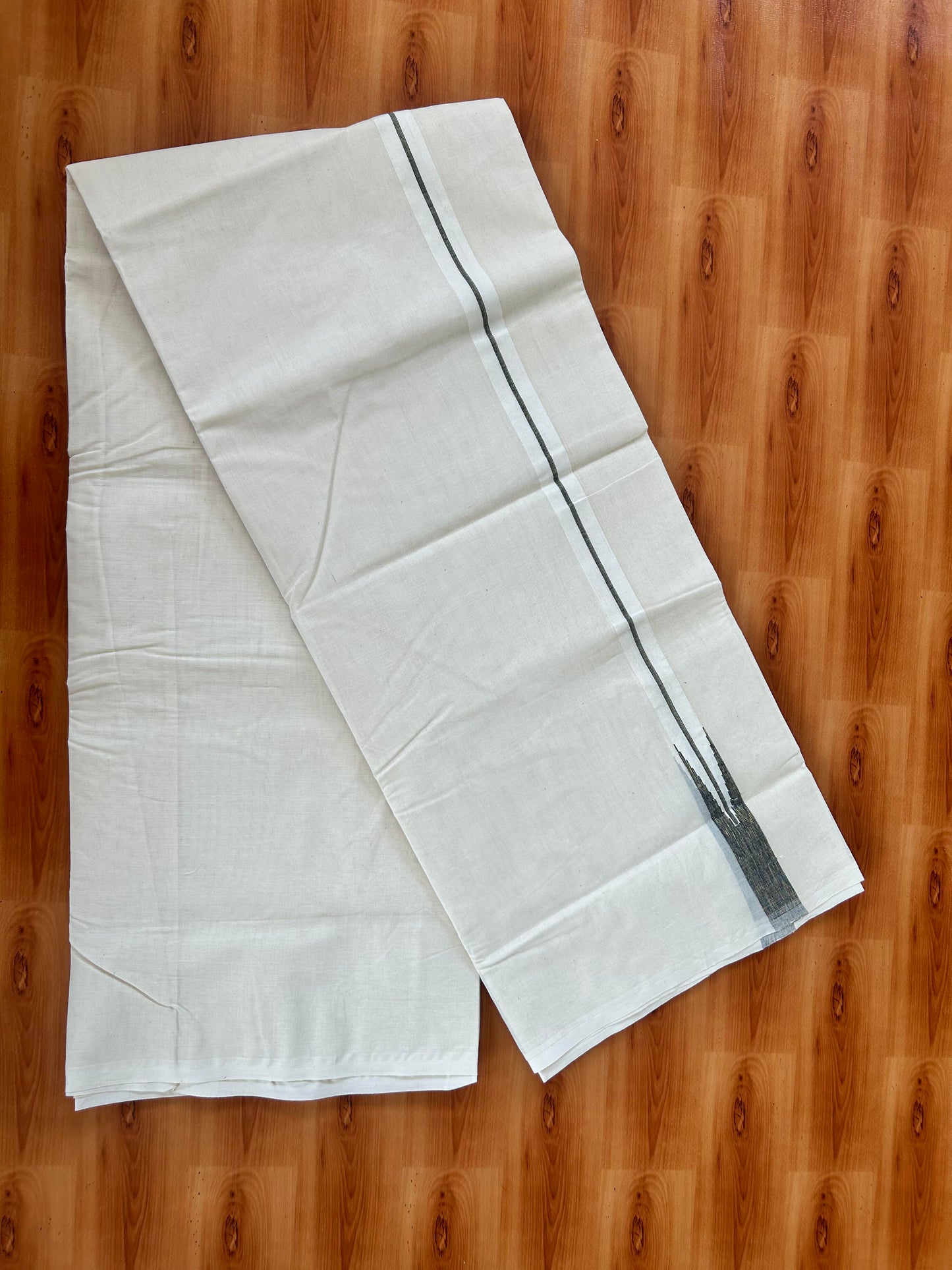 20% Discount! KaithariKada Balaramapuram 100% Cotton Double Off white Mundu/Dhoti- 100x100 - 0.75 inch Puliyilakkara Gold Kasav & Black Striped Chutty Kara - 4 mtr (8.5 muzham) - 2 KK5423 ASH