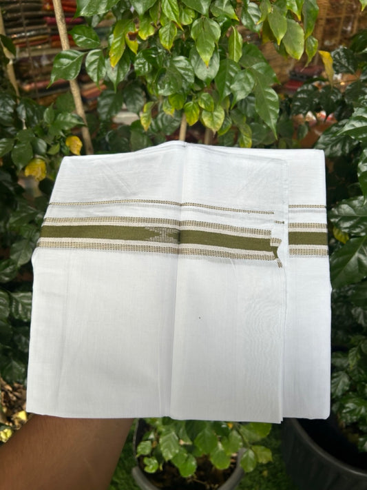 20% Discount ! Kaitharikada Balaramapuram 100% Cotton Pure White Double Mundu/Dothi - 100x80 - 1 inch Olive Green & Silver Kasav Design Kara 3.90 mtr (8 muzham) - 27 KK5285 VAS
