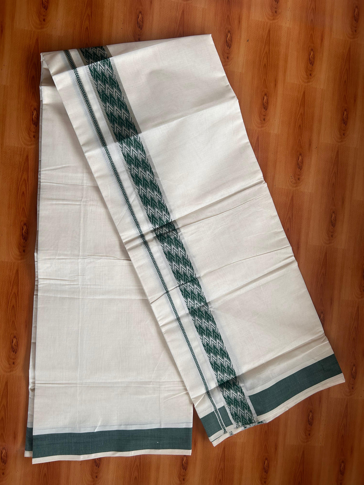 Double Off White (Unbleached) Mundu/Dhoti - 20% Discount! Kaitharikada Pure Cotton - 100x80 - 1.75 Inch Silver Kasav & Green Jacquard Design Kara 4 mtr (8.5 muzham) - 3 KK5541 PMC