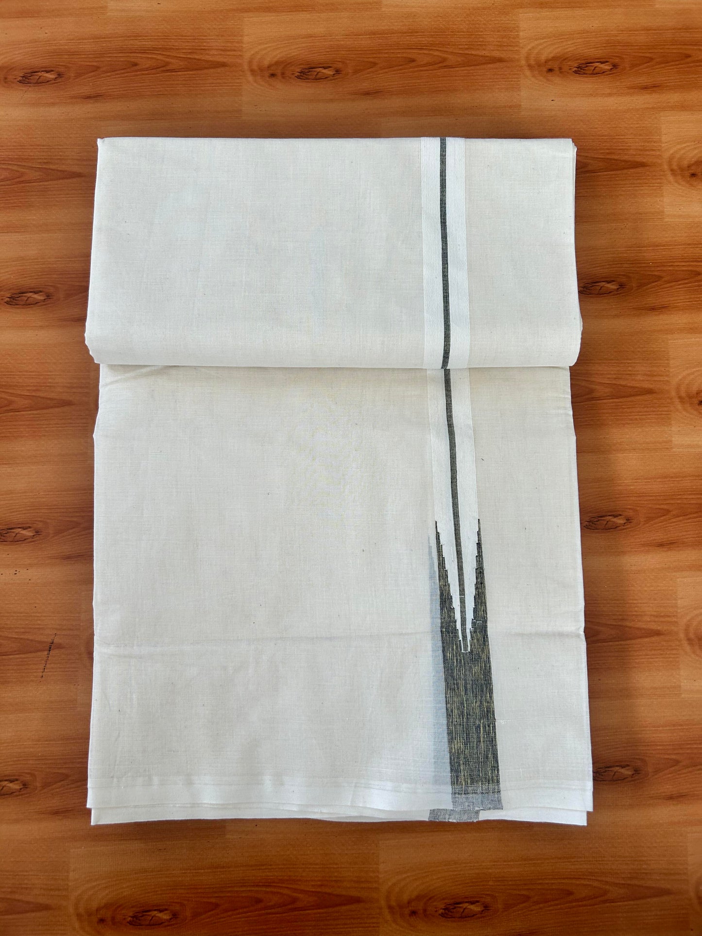 20% Discount! KaithariKada Balaramapuram 100% Cotton Double Off white Mundu/Dhoti- 100x100 - 0.75 inch Puliyilakkara Gold Kasav & Black Striped Chutty Kara - 4 mtr (8.5 muzham) - 2 KK5423 ASH