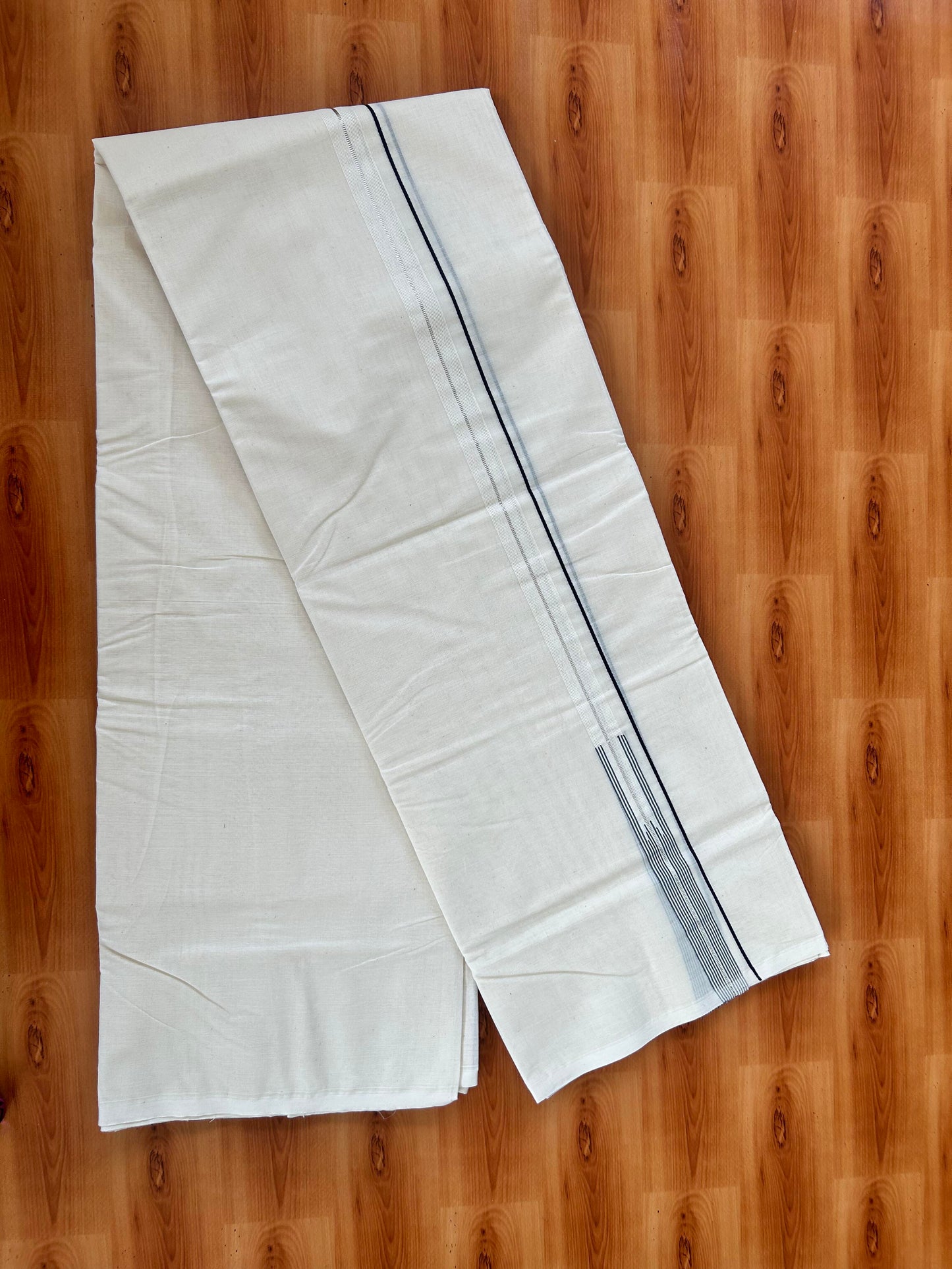 20% Discount! KaithariKada Balaramapuram 100% Cotton Double Off white Mundu/Dhoti- 100x100 - 0.75 inch Puliyilakkara Silver Kasav & Dark Blue Striped Chutty Kara - 3.85 mtr (8 muzham) - 1 KK5423 ASH