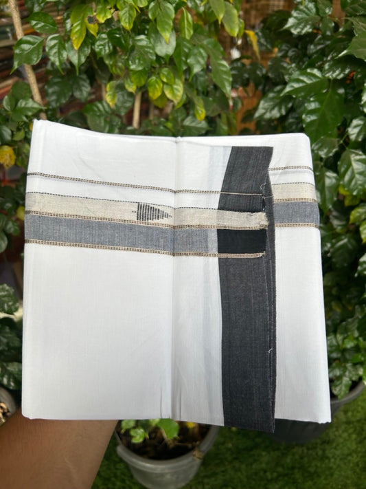 20% Discount ! Kaitharikada Balaramapuram 100% Cotton Pure White Double Mundu/Dothi - 100x80 - 1.5 inch Black & Silver Kasav Design Kara 3.90 mtr (8 muzham) - 25 KK5285 VAS
