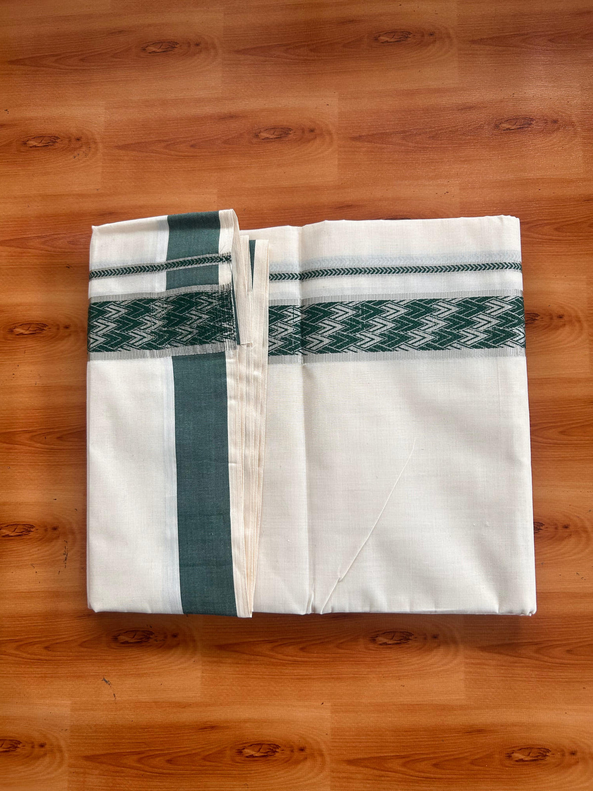 Double Off White (Unbleached) Mundu/Dhoti - 20% Discount! Kaitharikada Pure Cotton - 100x80 - 1.75 Inch Silver Kasav & Green Jacquard Design Kara 4 mtr (8.5 muzham) - 3 KK5541 PMC