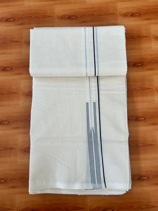 20% Discount! KaithariKada Balaramapuram 100% Cotton Double Off white Mundu/Dhoti- 100x100 - 0.75 inch Puliyilakkara Silver Kasav & Dark Blue Striped Chutty Kara - 3.85 mtr (8 muzham) - 1 KK5423 ASH