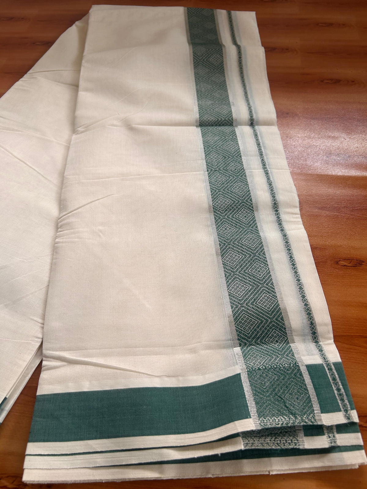 Double Off White (Unbleached) Mundu/Dhoti - 20% Discount! Kaitharikada Pure Cotton - 100x80 - 2 Inch Silver Kasav & Green Jacquard Design Kara 4 mtr (8.5 muzham) - 4 KK5541 PMC