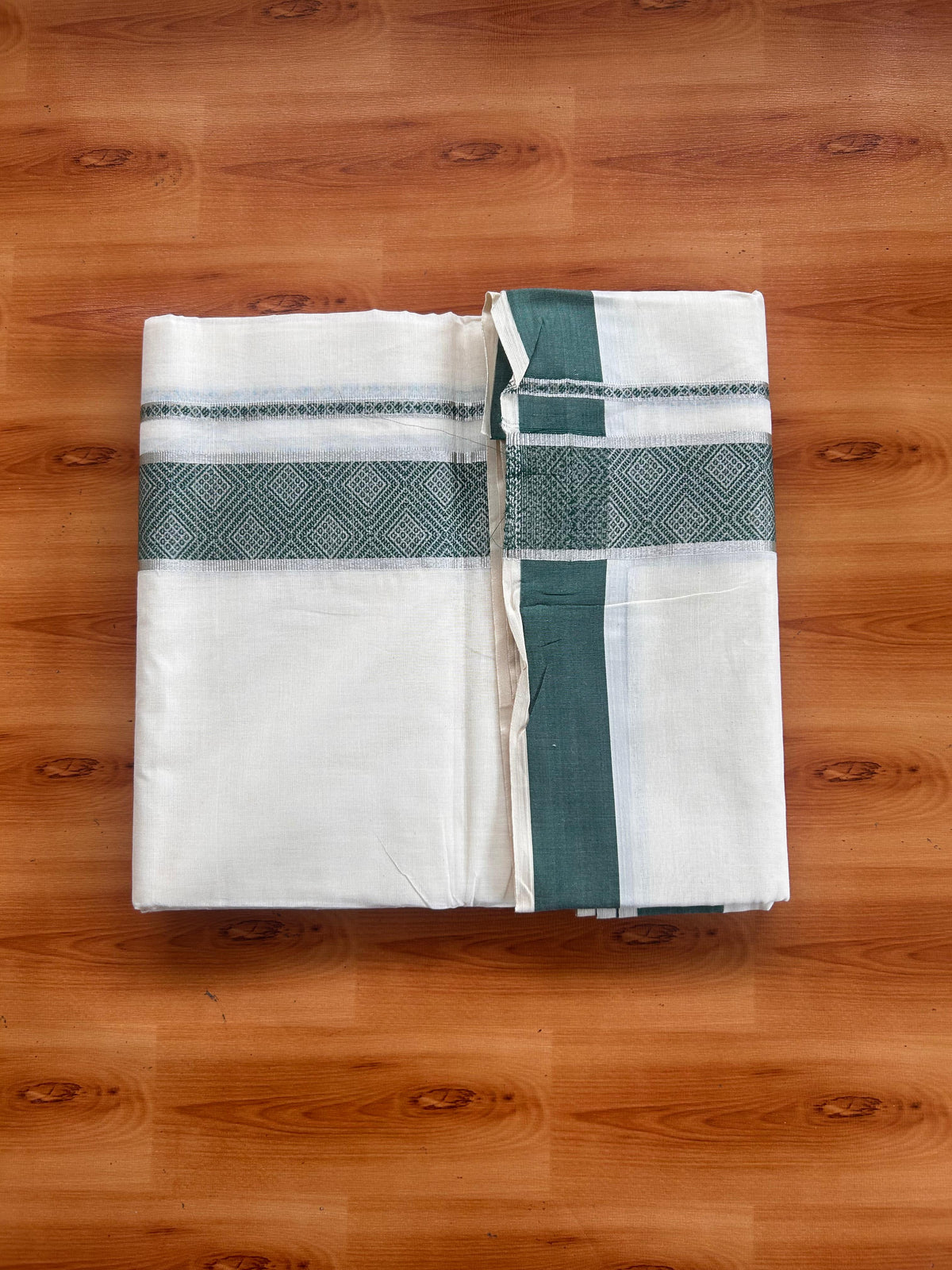 Double Off White (Unbleached) Mundu/Dhoti - 20% Discount! Kaitharikada Pure Cotton - 100x80 - 2 Inch Silver Kasav & Green Jacquard Design Kara 4 mtr (8.5 muzham) - 4 KK5541 PMC