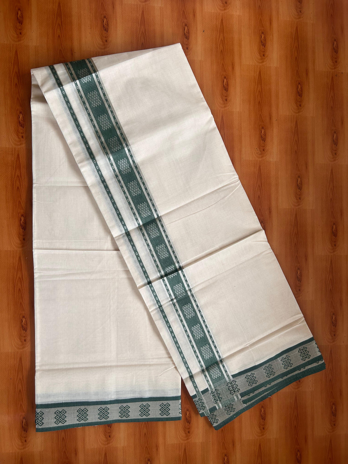 Double Off White (Unbleached) Mundu/Dhoti - 20% Discount! Kaitharikada Pure Cotton - 100x80 - 2 Inch Silver Kasav & Green Jacquard Design Kara 4 mtr (8.5 muzham) - 5 KK5541 PMC