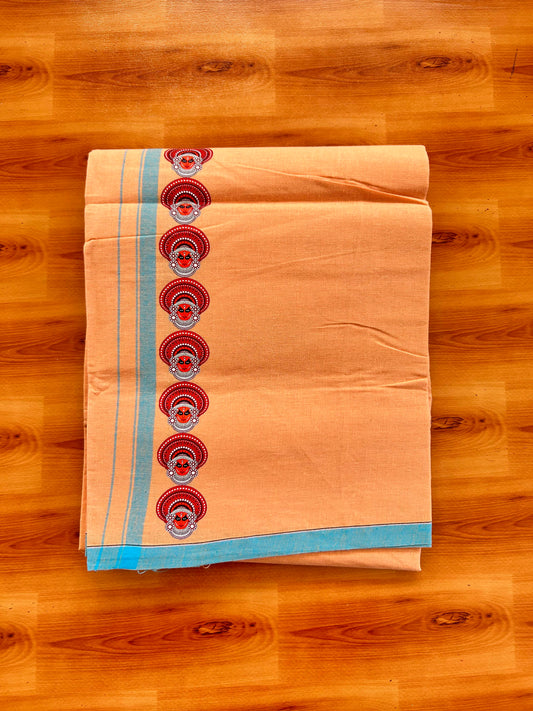 Single Kaily / Lungi- Kaitharikada - Pure Cotton - (40s) - Theyyam Printed Design 0.5 inch Light  Blue Kara with Light Kavi Colour Body (2 meter / 4 muzham) - 66 KK8062 GAN