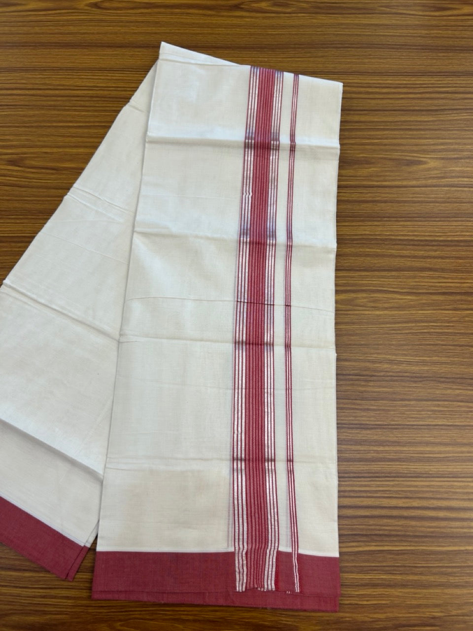20% DISCOUNT! KaithariKada Balaramapuram Double OFF WHITE Mundu/Dhoti - 80x80 - 1.75 Inch Silver Kasav & Magenta Red striped Kara - 4 KK5285 VAS