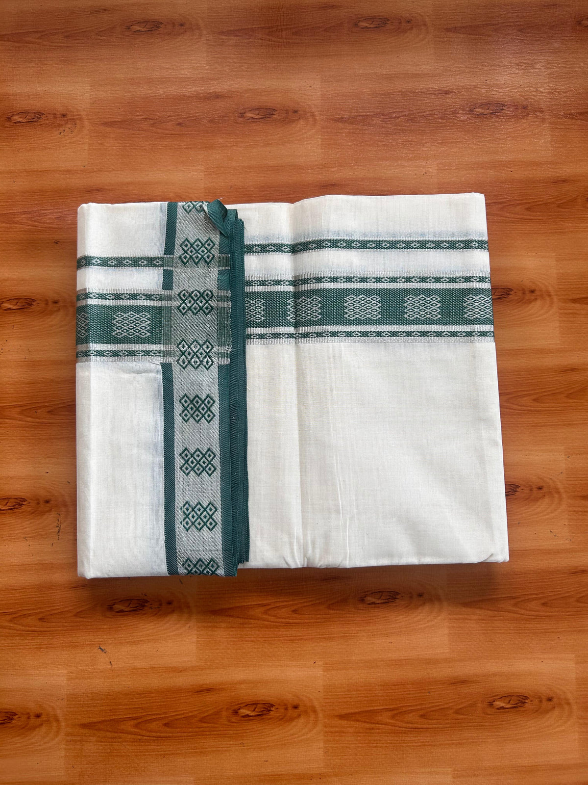 Double Off White (Unbleached) Mundu/Dhoti - 20% Discount! Kaitharikada Pure Cotton - 100x80 - 2 Inch Silver Kasav & Green Jacquard Design Kara 4 mtr (8.5 muzham) - 5 KK5541 PMC