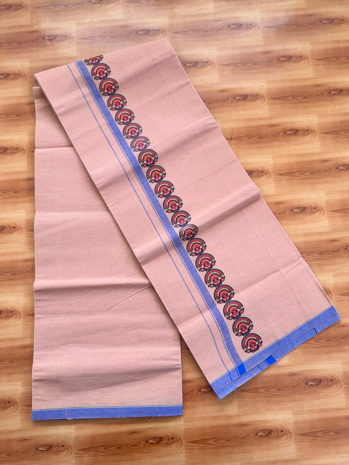 Single Kaily / Lungi- Kaitharikada - Pure Cotton - (40s) - Theyyam Printed Design 0.5 inch Blue Kara with Light Kavi Colour Body (2 meter / 4 muzham) - 68 KK8062 GAN