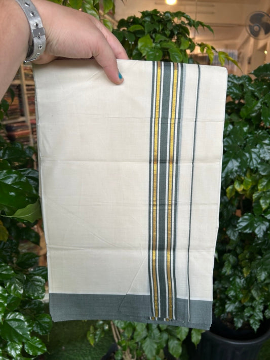 20% Discount! KaithariKada Balaramapuram 100% Cotton Off white Double Mundu/Dhoti - (100x80)S - 1.5 inch Gold Kasav & Olive Green Striped Kara - 4mtr (8.5muzham) - 89 KK5255 VAS