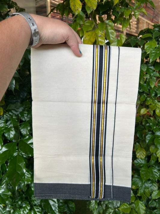 20% Discount! KaithariKada Balaramapuram 100% Cotton Off white Double Mundu/Dhoti - (100x80)S - 1.5 inch Gold Kasav & Black Striped Kara - 4mtr (8.5muzham) - 87 KK5255 VAS