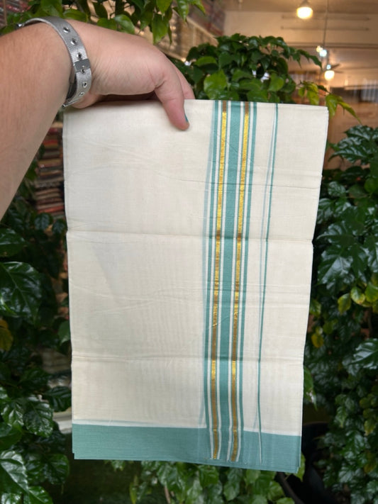 20% Discount! KaithariKada Balaramapuram 100% Cotton Off white Double Mundu/Dhoti - (100x80)S - 1.5 inch Gold Kasav & Mint Blue Striped Kara - 4mtr (8.5muzham) - 86 KK5255 VAS