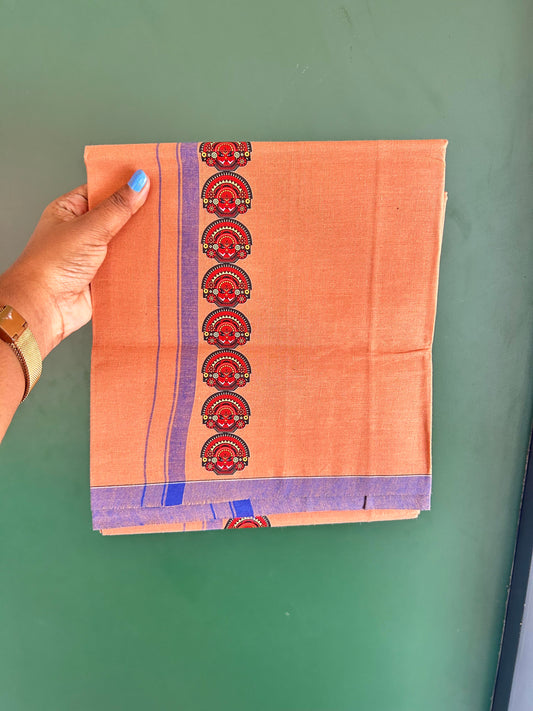 Single Kaily / Lungi- Kaitharikada - Pure Cotton - (40s) - Theyyam Printed Design 0.5 inch Blue Kara with Light Kavi Colour Body (2 meter / 4 muzham) - 68 KK8062 GAN