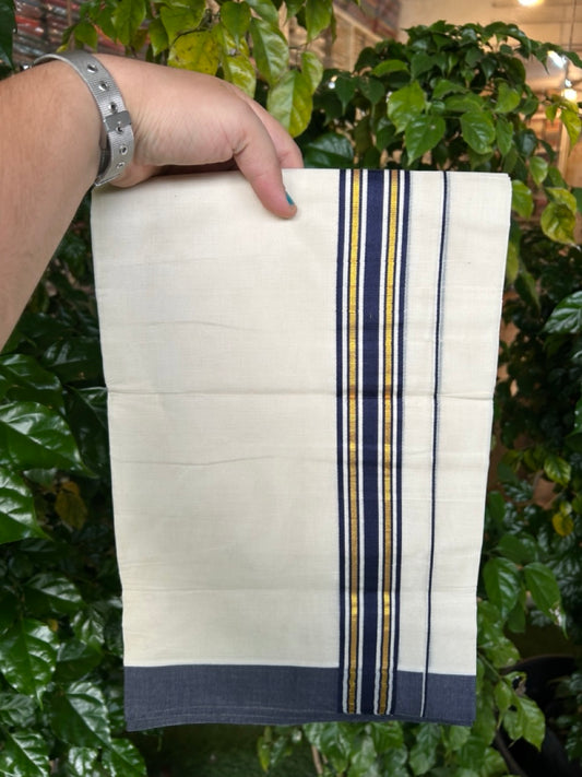 20% Discount! KaithariKada Balaramapuram 100% Cotton Off white Double Mundu/Dhoti - (100x80)S - 1.5 inch Gold Kasav & Navy Blue Striped Kara - 4mtr (8.5muzham) - 85 KK5255 VAS