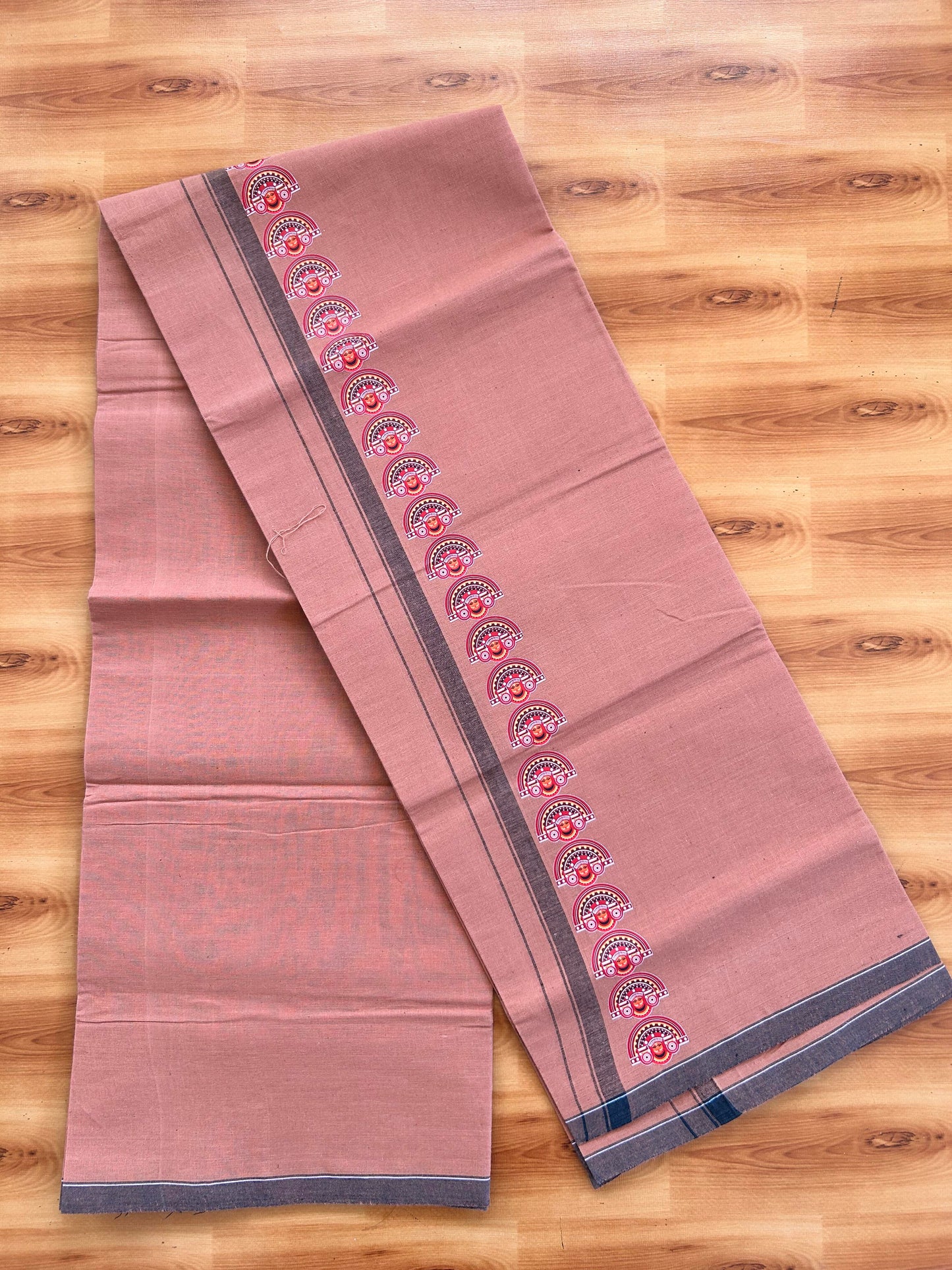 Single Kaily / Lungi- Kaitharikada - Pure Cotton - (40s) - Theyyam Printed Design 0.5 inch Black Kara with Dark Kavi Colour Body (2 meter / 4 muzham) - 69 KK8062 GAN