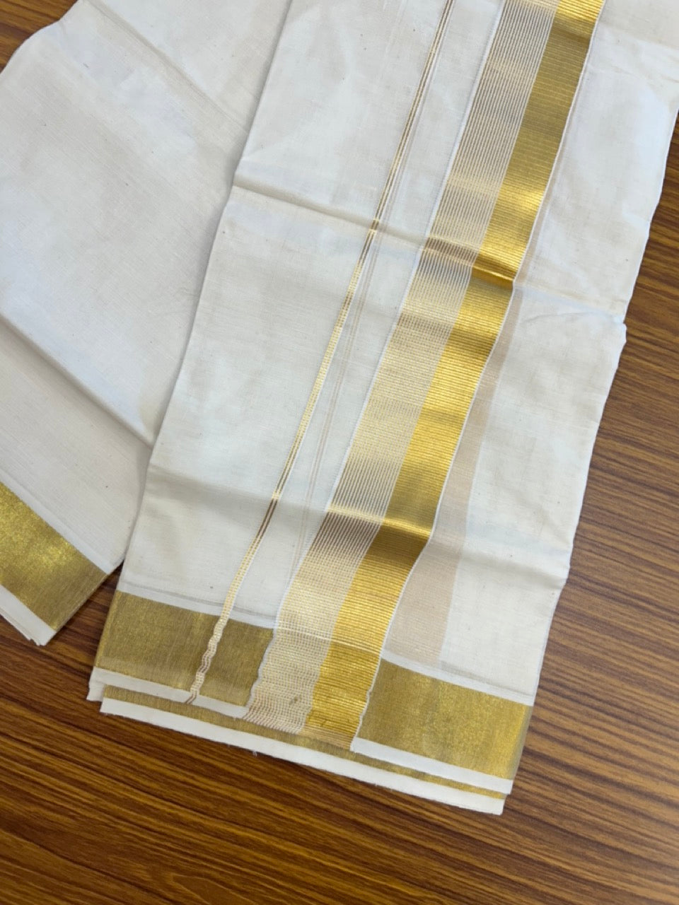 20% Discount!! KaithariKada Balaramapuram - 100% PURE Cotton OFF WHITE  (Unbleached) Neriyath - 1.75 Inch Kasavu Stripes Kara - 3KK5215 VIN