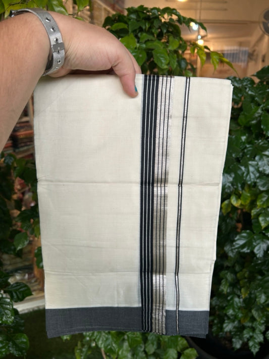 20% Discount! KaithariKada Balaramapuram 100% Cotton Off white Double Mundu/Dhoti - (100x80)S - 1.5 inch Black & Silver Kasav Striped Kara - 4mtr (8.5muzham) - 77 KK5255 VAS