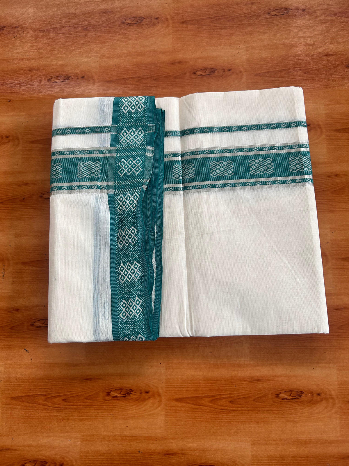 Double Off White (Unbleached) Mundu/Dhoti - 20% Discount! Kaitharikada Pure Cotton - 100x80 - 2 Inch Silver Kasav & Teel Green Jacquard Design Kara 4 mtr (8.5 muzham) - 6 KK5541 PMC