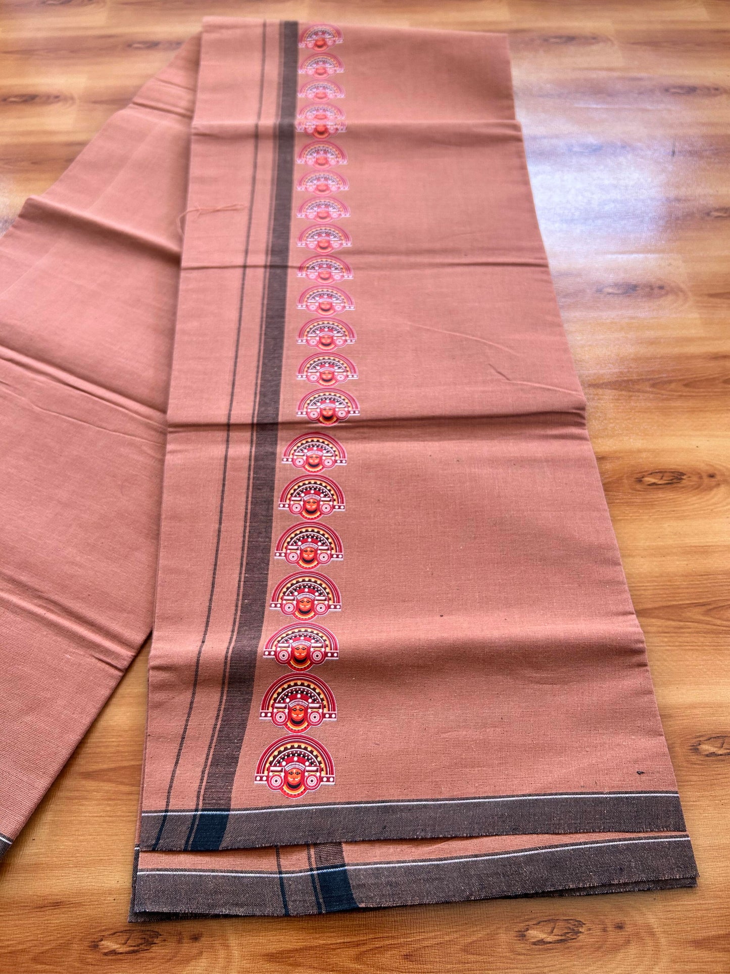 Single Kaily / Lungi- Kaitharikada - Pure Cotton - (40s) - Theyyam Printed Design 0.5 inch Black Kara with Dark Kavi Colour Body (2 meter / 4 muzham) - 69 KK8062 GAN