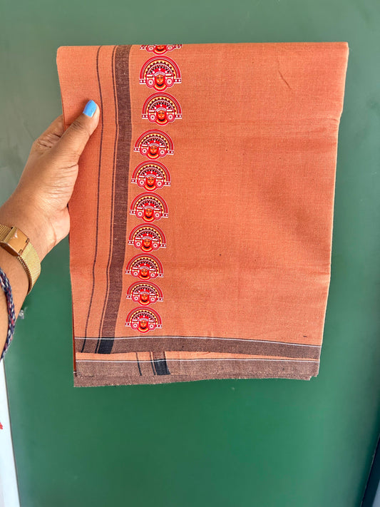 Single Kaily / Lungi- Kaitharikada - Pure Cotton - (40s) - Theyyam Printed Design 0.5 inch Black Kara with Dark Kavi Colour Body (2 meter / 4 muzham) - 69 KK8062 GAN