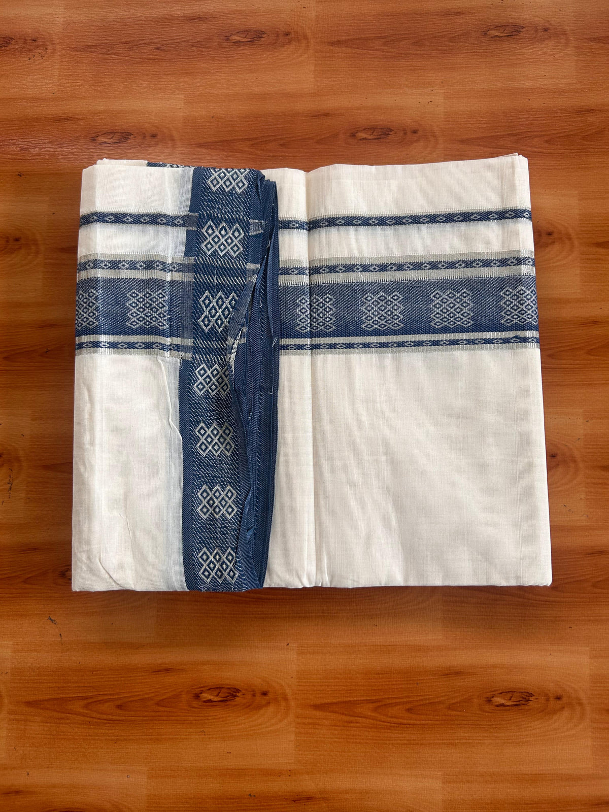 Double Off White (Unbleached) Mundu/Dhoti - 20% Discount! Kaitharikada Pure Cotton - 100x80 - 2.25 Inch Silver Kasav & Blue Jacquard Design Kara 4 mtr (8.5 muzham) - 7 KK5541 PMC