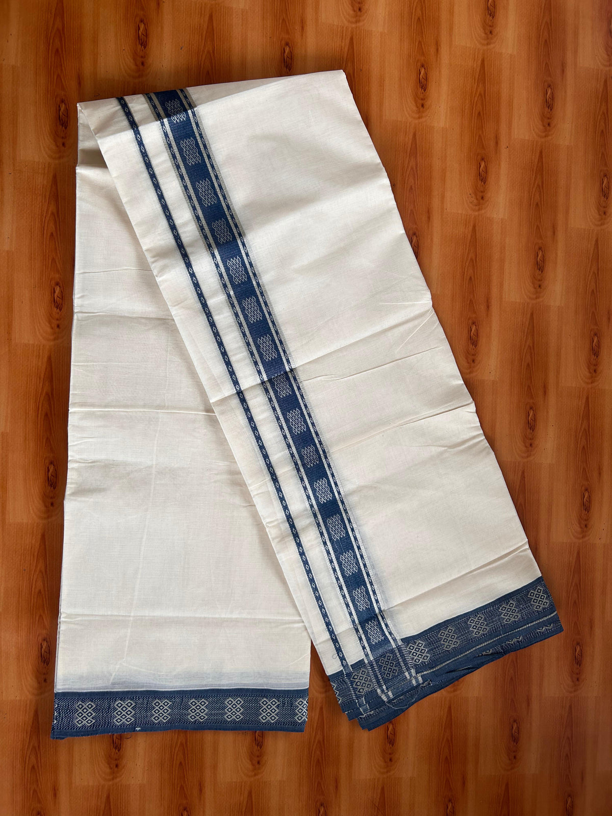 Double Off White (Unbleached) Mundu/Dhoti - 20% Discount! Kaitharikada Pure Cotton - 100x80 - 1.75 Inch Silver Kasav & Blue Jacquard Design Kara 4 mtr (8.5 muzham) - 8 KK5541 PMC